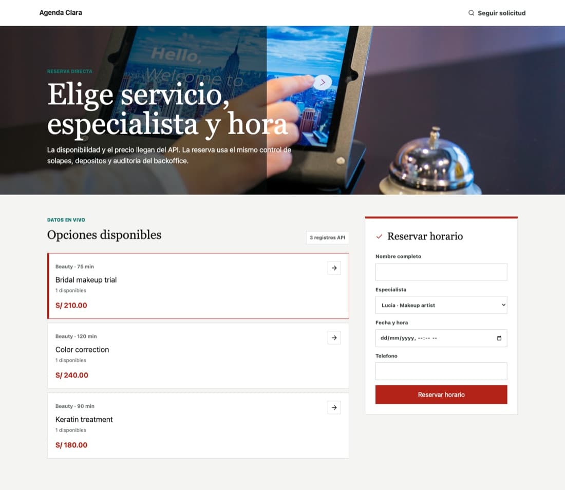 Vista previa de Reservas de servicios